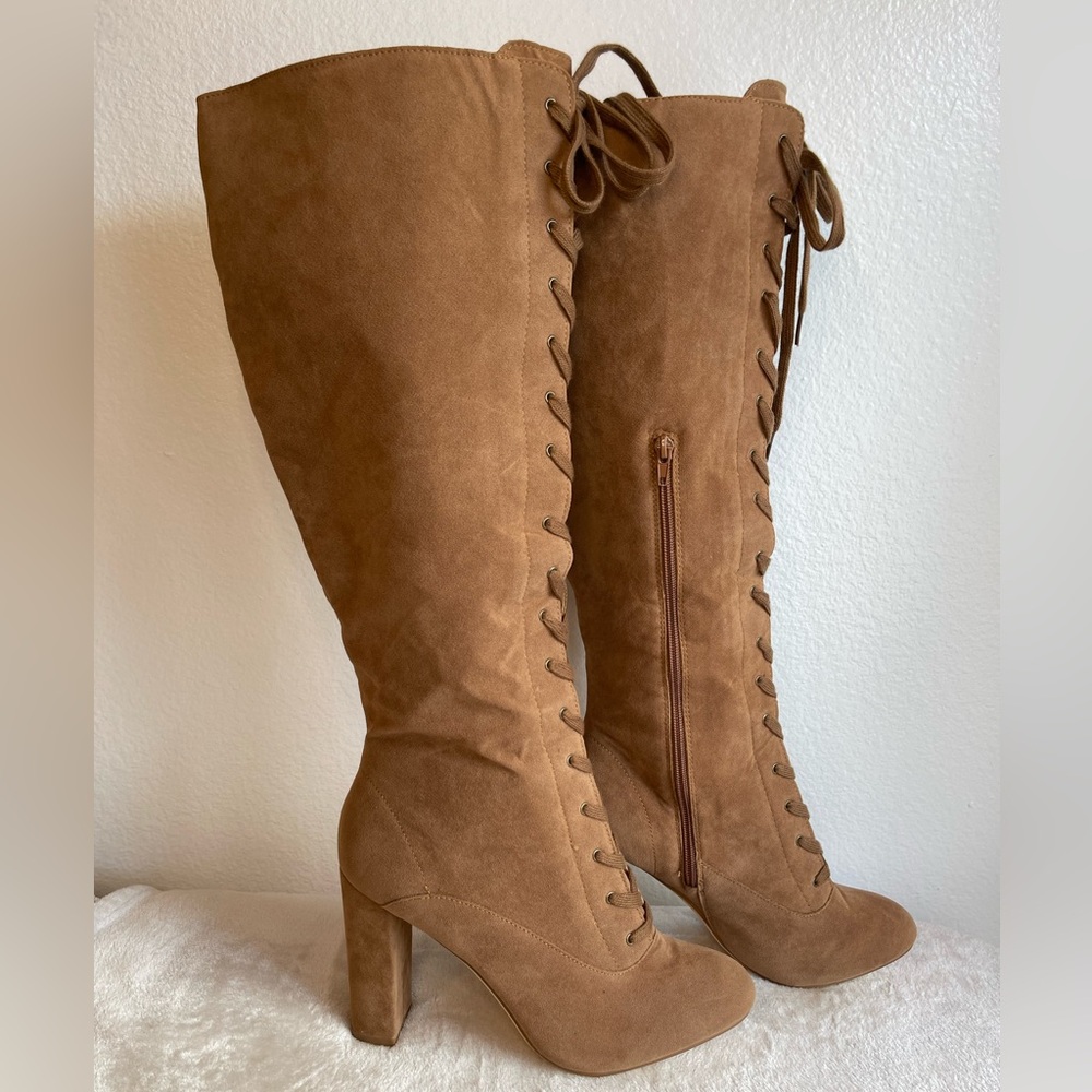 NWT Ardene Tall Lace-Up‎ Knee High Boots in Camel/Brown